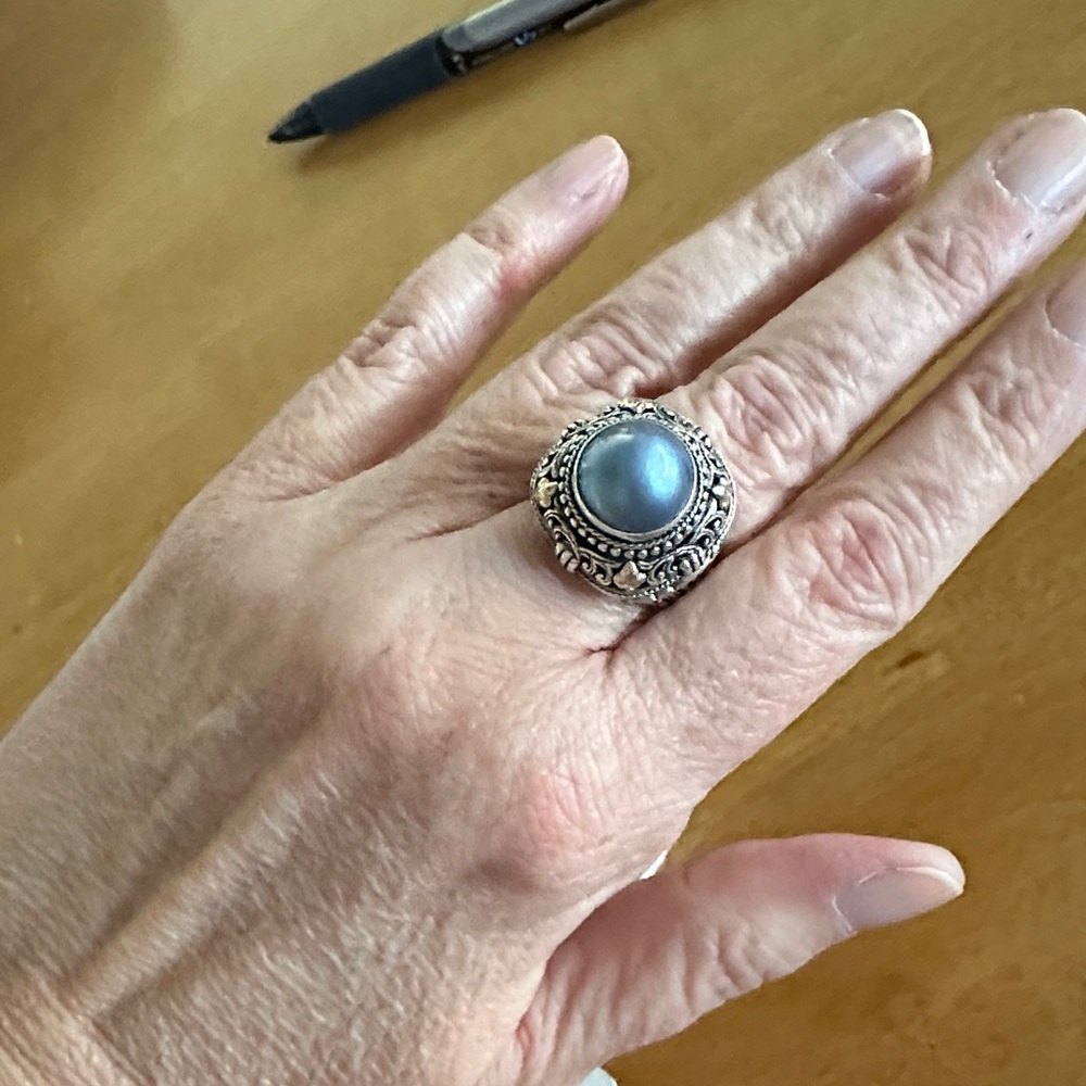 Robert Manse 925 Sterling Silver 18k Gold Accents Blue Mabe Pearl Ring Size 8 - Picture 4 of 6